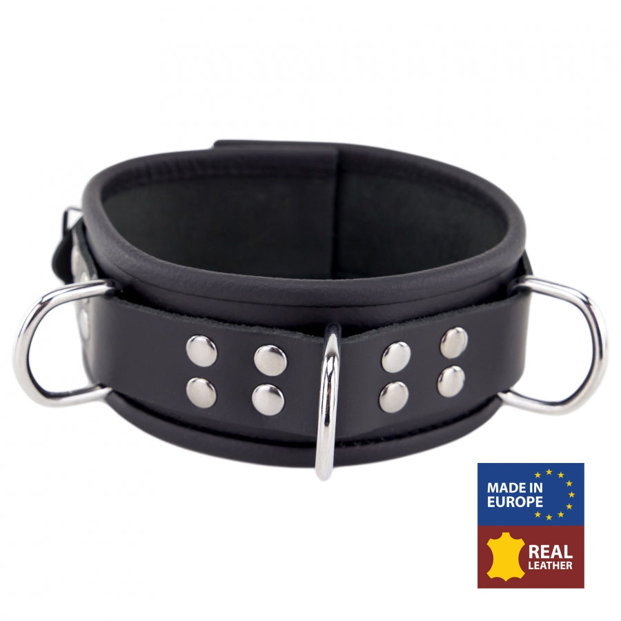 Leder-Halskette mit 3 D-Ringen in Schwarz – The Red